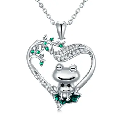 Sterling Silver Circular Shaped Cubic Zirconia Frog & Heart Pendant Necklace