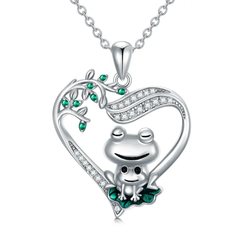Sterling Silver Circular Shaped Cubic Zirconia Frog & Heart Pendant Necklace