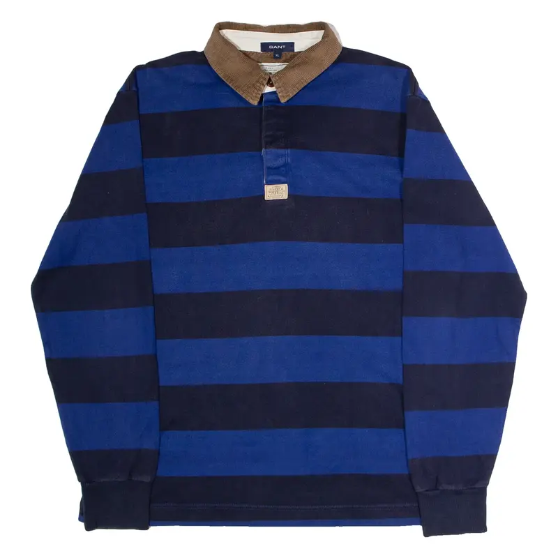 GANT Mens Polo Shirt Blue Striped Long Sleeve XL