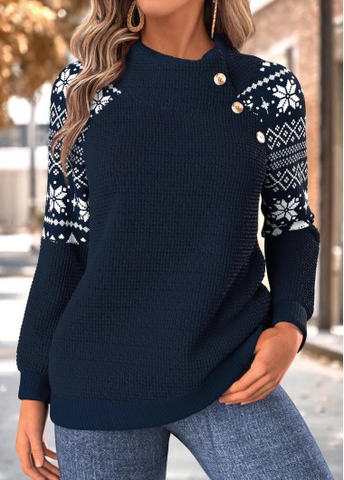 Modlily Navy Tummy Coverage Fair Isle Print Long Sleeve Sweatshirt - XL
