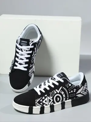 Geometric Pattern Low Top Sneakers, Casual Patchwork Design Lace Up Platform Sneakers, Platform All-match Shoes for Men for D...