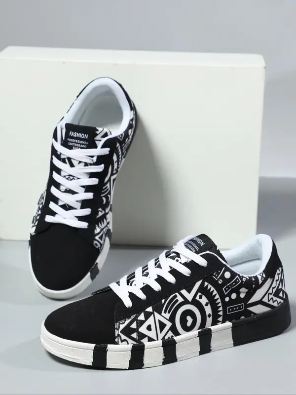 Geometric Pattern Low Top Sneakers, Casual Patchwork Design Lace Up Platform Sneakers, Platform All-match Shoes for Men for D...