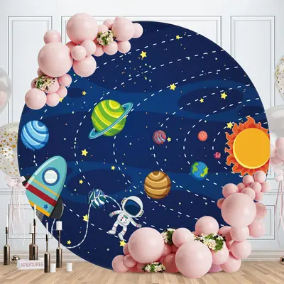 Aperturee Navy Galaxy Astronaut Round Happy Birthday Backdrop