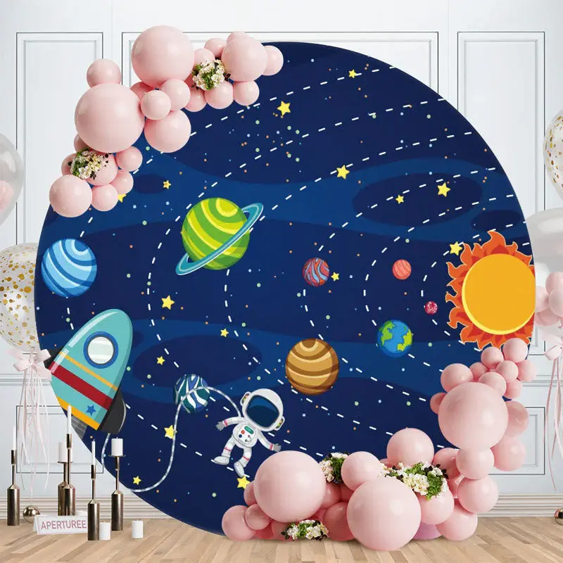Aperturee Navy Galaxy Astronaut Round Happy Birthday Backdrop