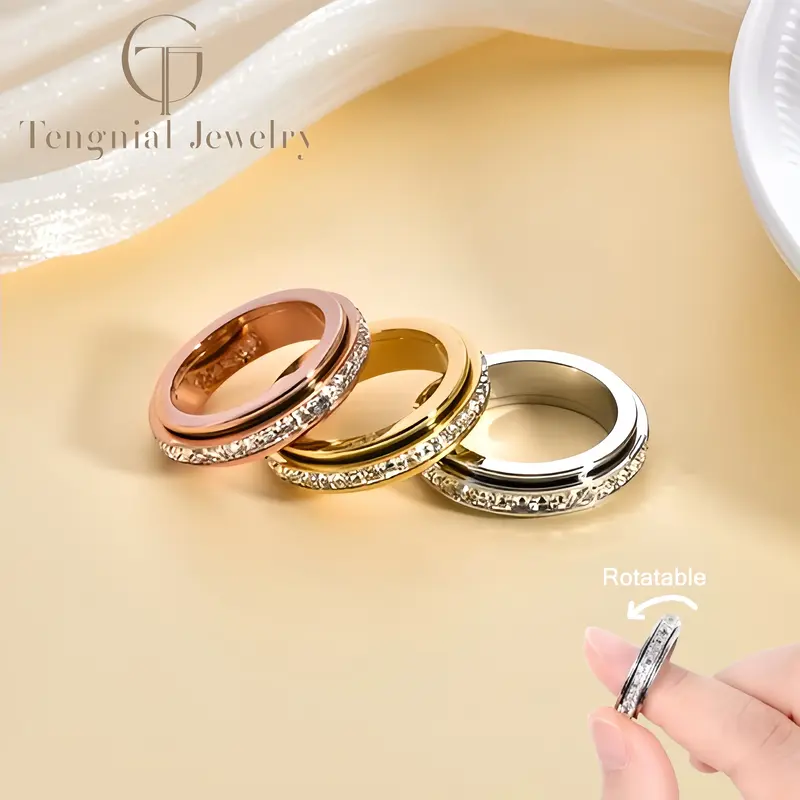 Tengnial Anxiety Rings for Women&MenTitanium Steel Spinner Fidget BandRings Cubic Zirconia Relieving AnxietyWedding Promise R...