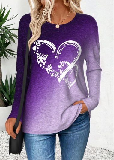 Modlily Purple Curved Hem Ombre Long Sleeve T Shirt - L