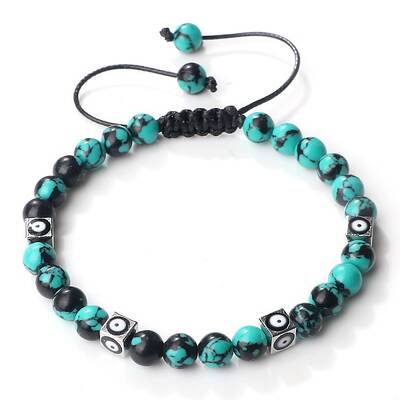 Trendy Ethnic Style Cube Evil Eye & Round Dyd Synthetic Turquoise Beaded Stretch Bracelets
