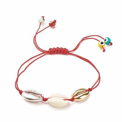 Acrylic & Alloy Shell Braided Bead Bracelet with Lampwork Evil Eye