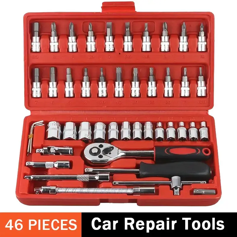 46 pcs car repair tool kit, carbon steel ratchet wrench socket toolbox, durable metal household toolbox, comprehensive combin...