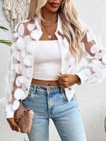 Women's Appliques Sheer Jacket without Cami Top, Casual Fashion Mock Neck Drop Shoulder Outerwear, Fall Jackets for Women, La...