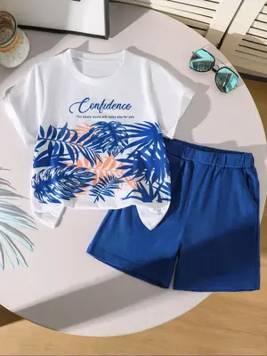 Two-Piece Set Boy's Letter & Leaf Print Short Sleeve Tee & Pocket Shorts Set, Casual Round Neck T-shirt & Shorts, Kids Clothe...