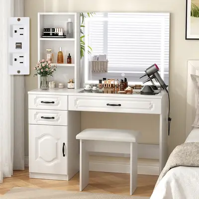 VOWNER Makeup Vanity Desk with Lighted Mirror&Power Strip,Modern Vanity Table Set ,for Bedroom Bathroom Bedside Furniture Int...