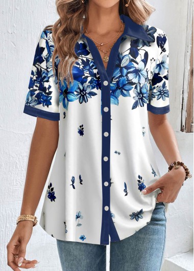 Modlily White Button Floral Print Short Sleeve Blouse - L