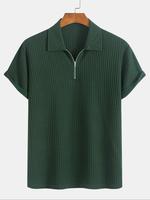 Men's Solid Ribbed Short Sleeve Knitted Polo Shirt, Regular Fit Casual Breathable Comfy Top for Summer, Men's Clothes for Dai...