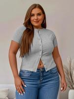 【Plus Size】Solid Ribbed Short Sleeve Top, Casual Button Front Top for Summer, Summer Tops, Women's Plus Clothing for Dail...