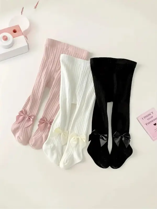 3-piece soft breathable rib tights with bows, comfortable four-season baby leggings, fashion striped baby pants.