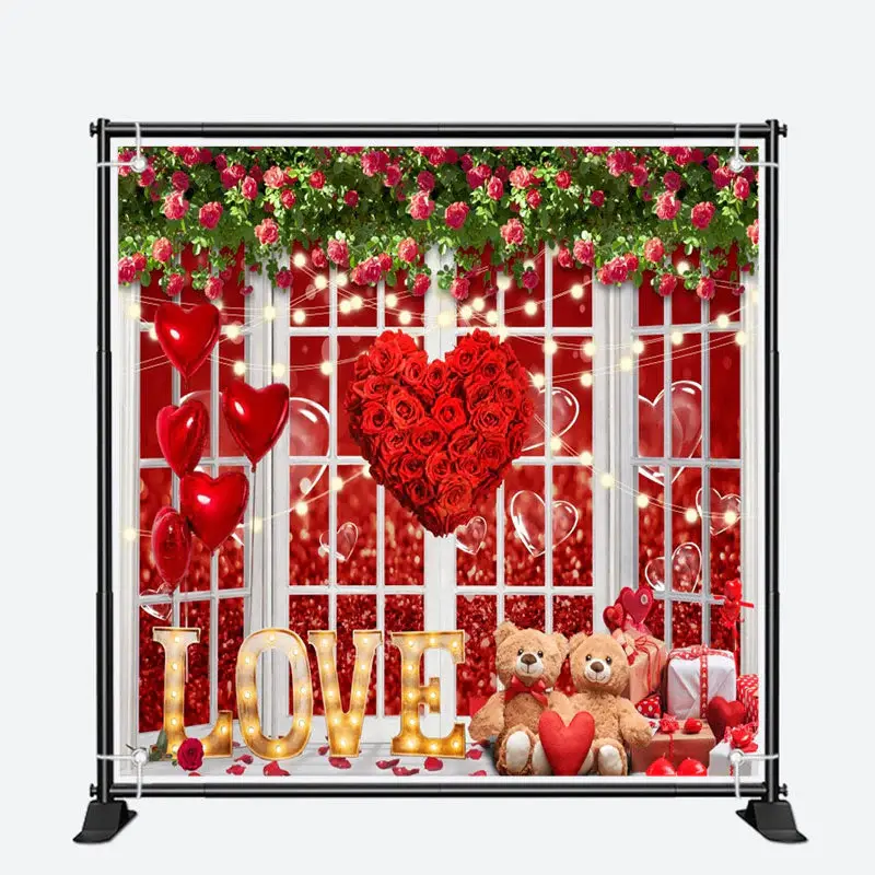 White Window Rose Heart Bear Valentines Day Backdrop - Aperturee