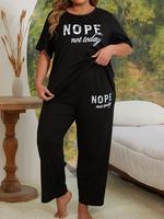 【Plus Size】Letter Print Tee & Pants Pyjama Two-piece Set, Casual Comfy Round Neck Short Sleeve T-shirt & Trousers PJ Set,...