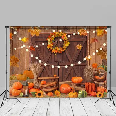 Light Wood Door Pumpkin Maple Leaves Autumn Backdrop - Aperturee