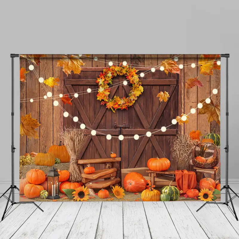 Light Wood Door Pumpkin Maple Leaves Autumn Backdrop - Aperturee