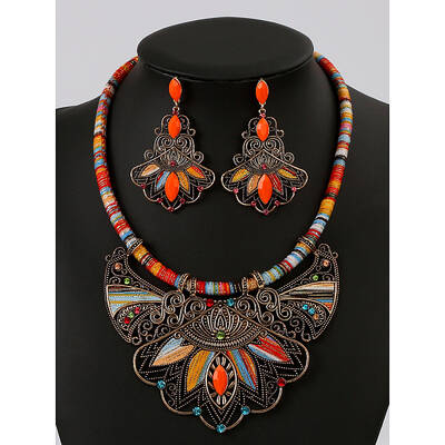 Bohemia Alloy Colorful Rhinestone Pendant Necklaces & Stud Dangle Earrings Sets