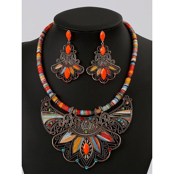 Bohemia Alloy Colorful Rhinestone Pendant Necklaces & Stud Dangle Earrings Sets