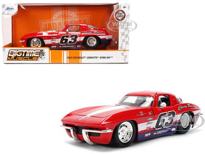 1963 Chevrolet Corvette Stingray #63 Chevy Racing Red with White and Blue Stripes Bigtime Muscle Series 1/24 Diecast Mode...