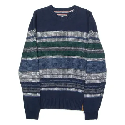 TOMMY HILFIGER Mens Patterned Jumper Blue Striped Crew Neck Waffle Knit Wool L