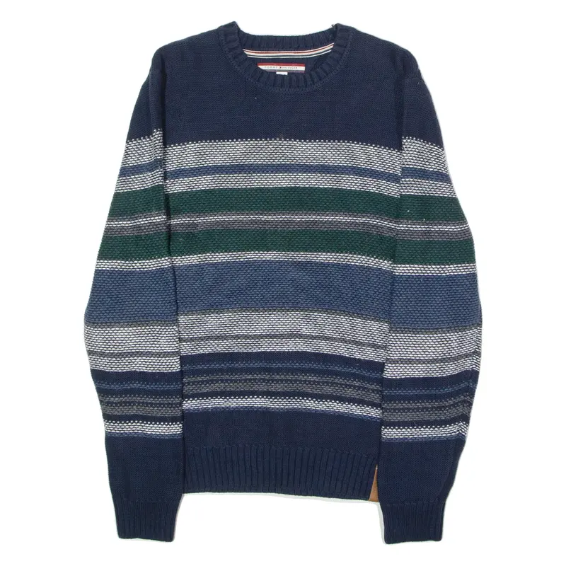 TOMMY HILFIGER Mens Patterned Jumper Blue Striped Crew Neck Waffle Knit Wool L