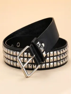 Unisex Street Style Fashion Rivet Decorated PU Buckle Belt, Casual Trendy Waistband For Daily & Party Decoration, PU Leather ...