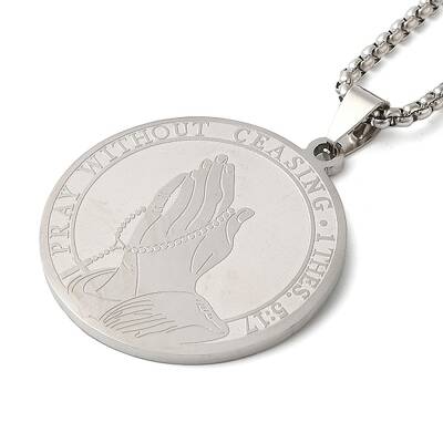 Non-Tarnish Flat Round with Praying Hands 304 Stainless Steel Pendant Necklaces for Women and Men