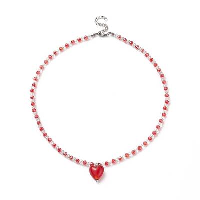 Glass Heart Pendant Necklace with Beaded Chains for Women