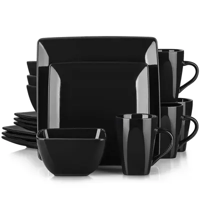 vancasso Soho Stoneware Square Dinner Set - Black, 16 Piece Dinnerware Service for 4 with Plates, Bowls, and Mugs dealsforyou...