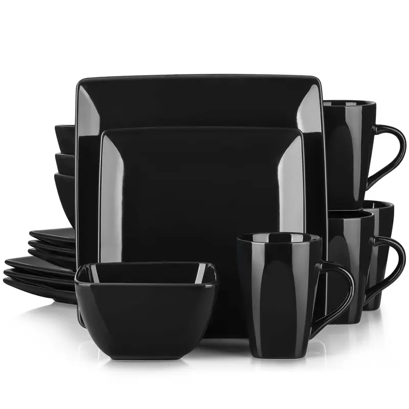 vancasso Soho Stoneware Square Dinner Set - Black, 16 Piece Dinnerware Service for 4 with Plates, Bowls, and Mugs dealsforyou...