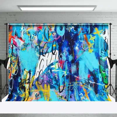 Retro Blue Abstract Graffiti Wall Photo Backdrop - Aperturee