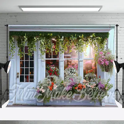 White Doors And Windows Spring Flower Store Backdrop - Aperturee