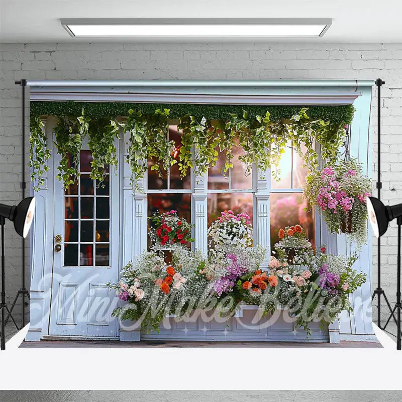 White Doors And Windows Spring Flower Store Backdrop - Aperturee