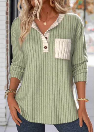 Modlily Sage Green Patchwork Long Sleeve Split Neck Sweatshirt - XXL