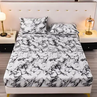 Marble Pattern Duvet Cover Set, 1 Count Fitted Sheet & 2 Counts Pillowcase Without Filler, Soft Non-slip Decorative Bedding S...