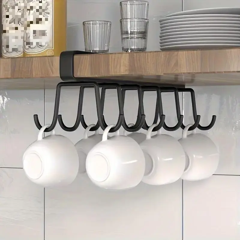 Kitchen Cup Storage Rack with 12pcs Hooks, Home Under Cabinet Hanging Cup Holder, Household Storage Organizer for Kitchen, Be...