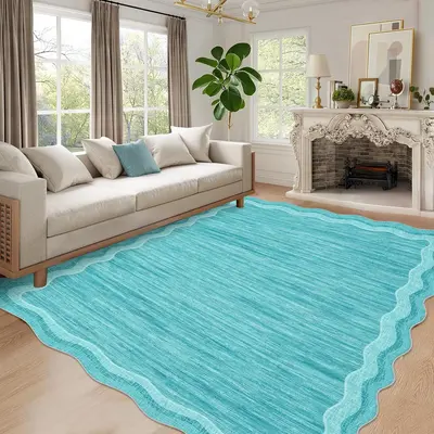Garvee Scalloped Area Rug 9x12 Washable Rugs for Living Room, Solid Color Floor Carpet for Bedroom, Non Slip Low Pile Mat wit...