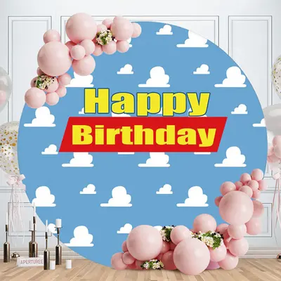 Aperturee Blue Sky And White Cloud Round Happy Birthday Backdrop