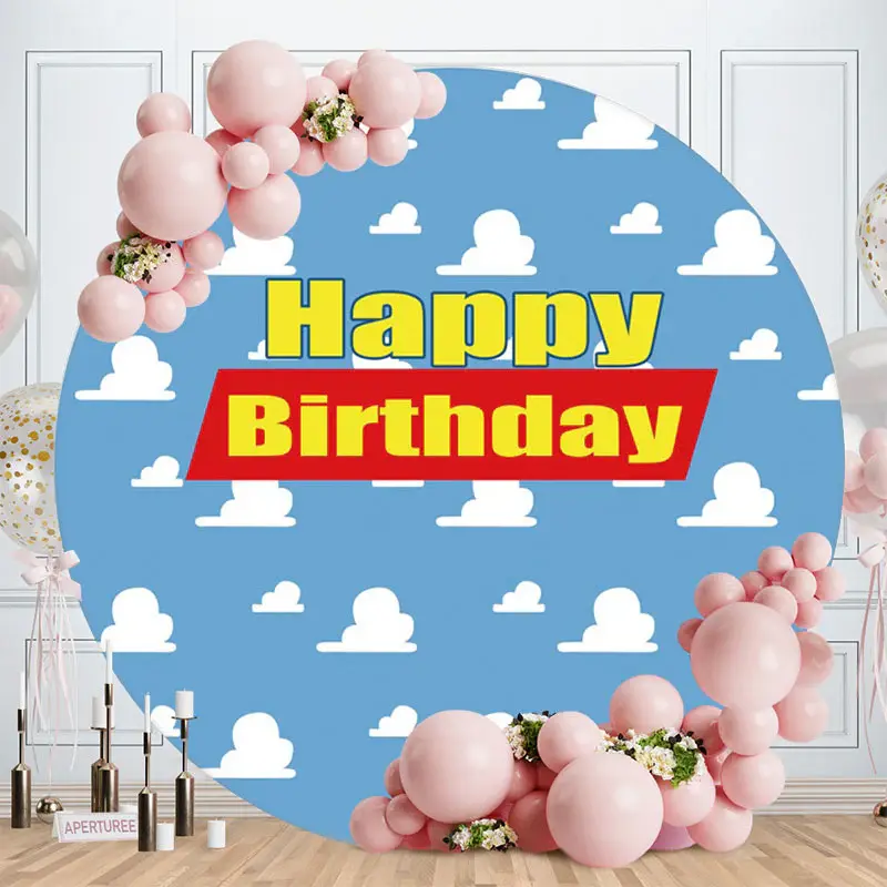 Aperturee Blue Sky And White Cloud Round Happy Birthday Backdrop