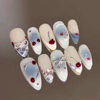 Cherry Press on Nails Almond Handmade Fake Nails with 3D Flower Bow Design Cute 10PCS False Nails Summer Stick on Nails for W...