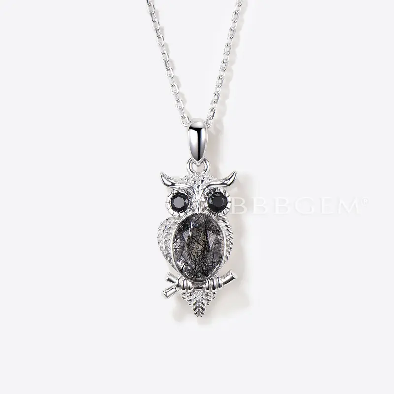 Oval Cut Natural Black Rutilated Quartz Pendant Owl Three Stone Necklace