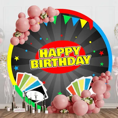 Colorful Cards Stripe Round Happy Birthday Backdrop