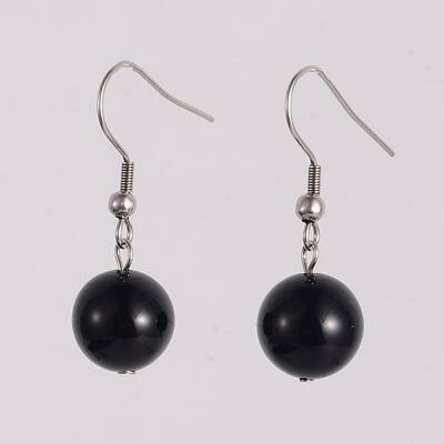 Round 304 Stainless Steel Natural Dyed & Heated Black Agate Dangle Earrings