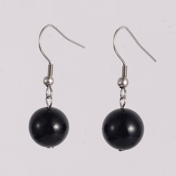 Round 304 Stainless Steel Natural Dyed & Heated Black Agate Dangle Earrings