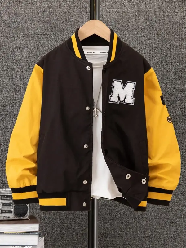 Boy's Patchwork Letter Patched Button Front Varsity Jacket, Casual Long Sleeve Pocket Outerwear for Fall & Winter, Kids Cloth...