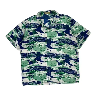 Han Ton Hawaiian Shirt - Large Blue Cotton Blend